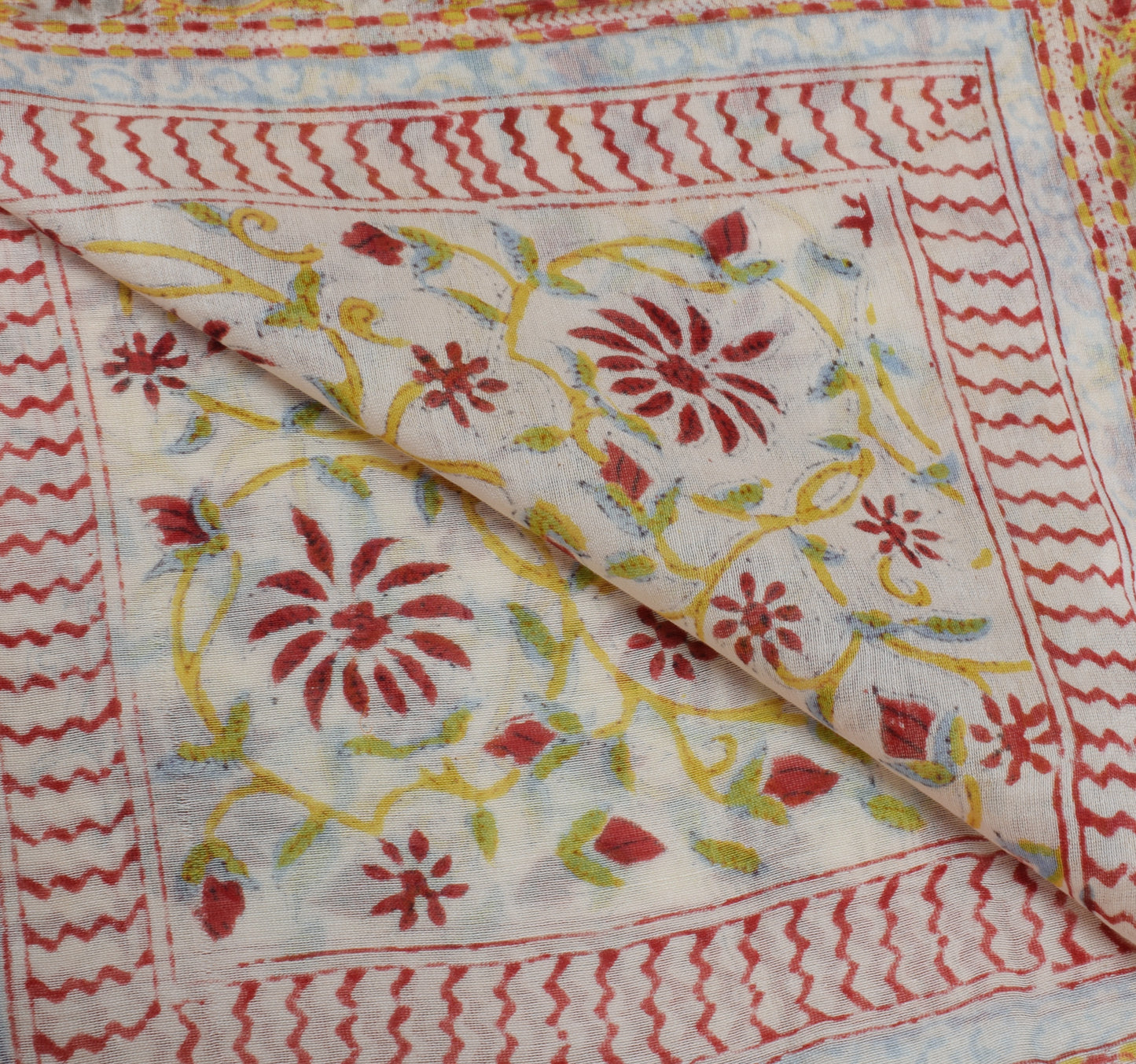 Sushila Vintage Cream Dupatta 100% Pure Silk Hand Printed Long Stole Hijab