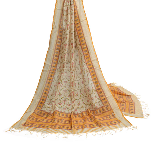 Sushila Vintage Indian Cream Dupatta 100% Pure Silk Printed Long Stole Scarves