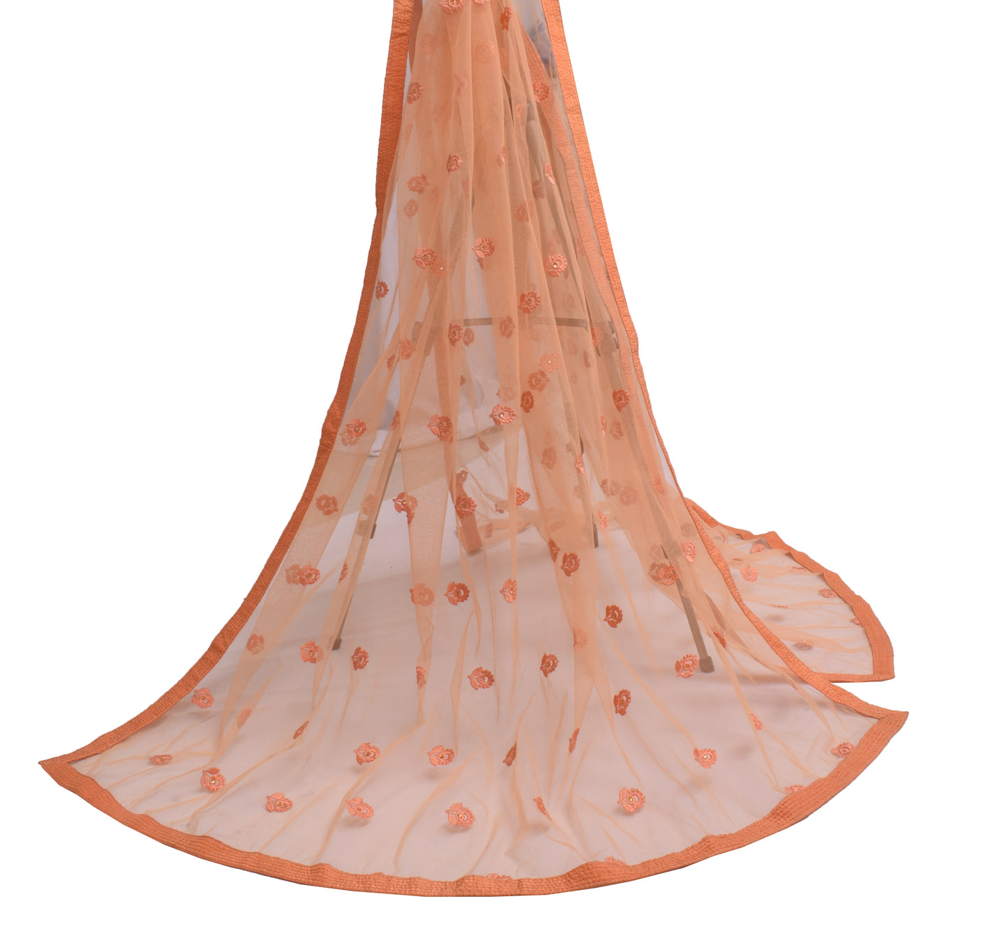 Sushila Vintage Peach Indian Dupatta Net Mesh Embroidered Long Stole Wrap Hijab