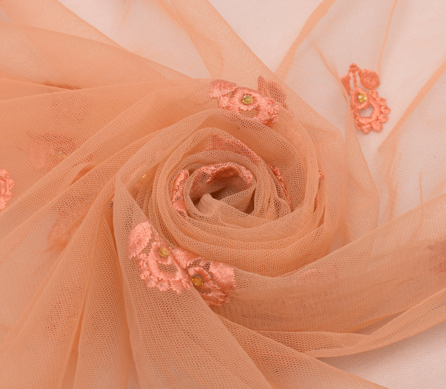 Sushila Vintage Peach Indian Dupatta Net Mesh Embroidered Long Stole Wrap Hijab