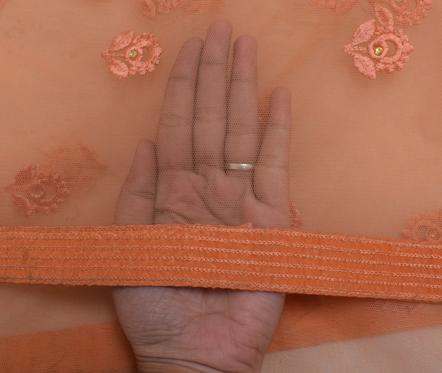 Sushila Vintage Peach Indian Dupatta Net Mesh Embroidered Long Stole Wrap Hijab