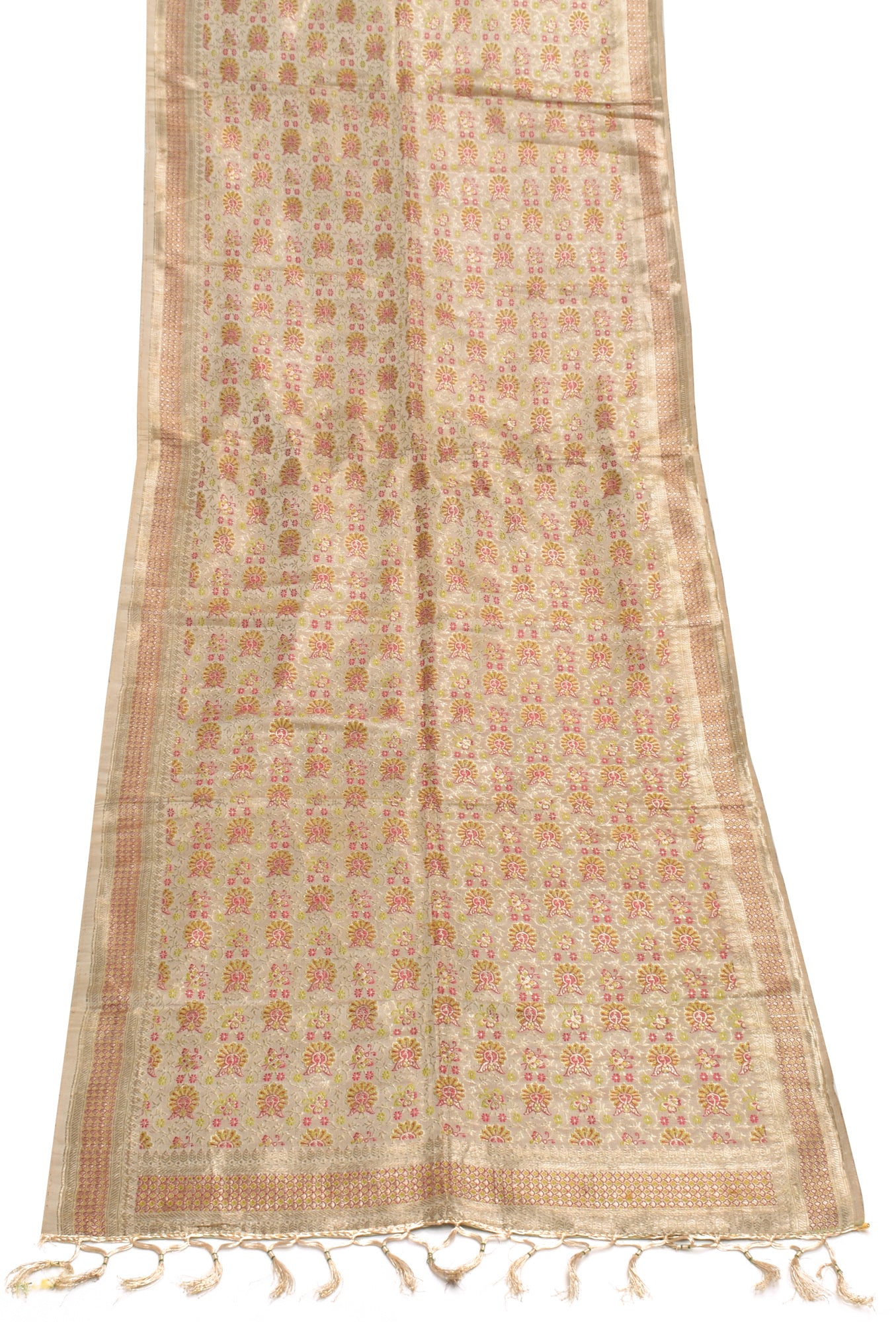 Sushila Vintage Cream Dupatta Pure Satin Silk Woven Long Stole Wrap Scarves Veil