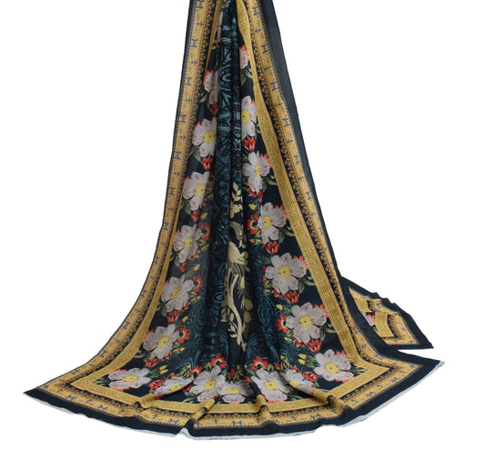 Sushila Vintage Dark Blue Dupatta Blend Chiffon Silk Printed Long Stole Hijab