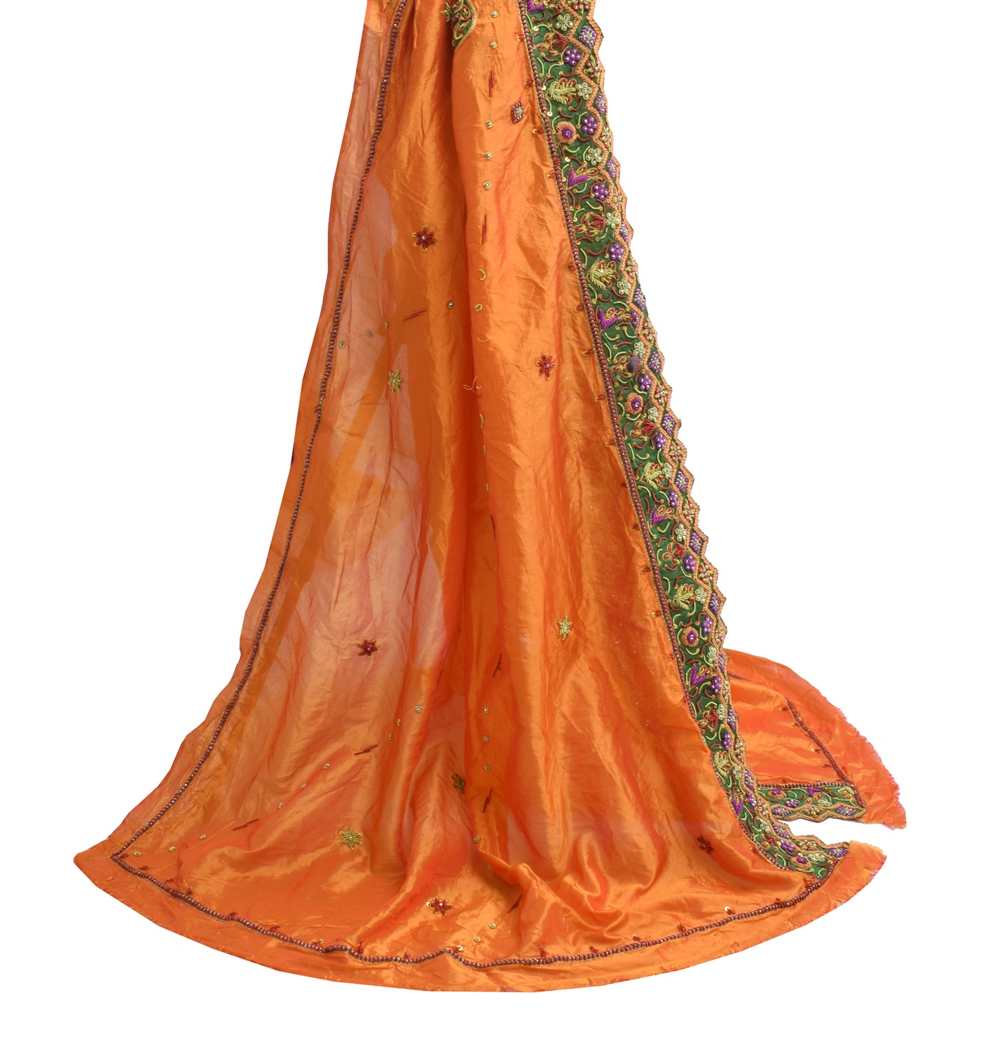Sushila Vintage Orange Dupatta Blend Silk Hand Beaded Floral Long Stole Veil