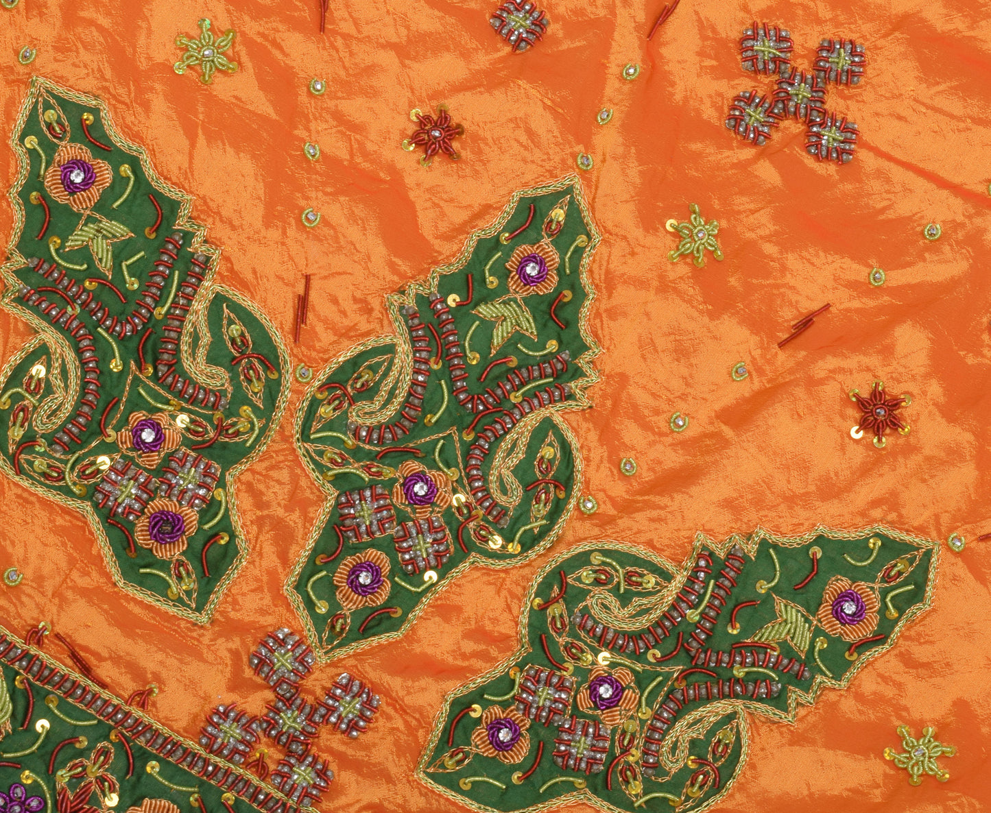 Sushila Vintage Orange Dupatta Blend Silk Hand Beaded Floral Long Stole Veil