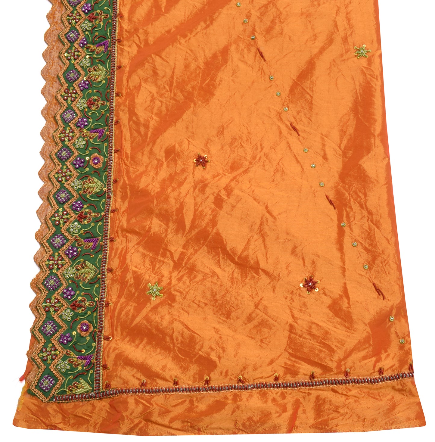 Sushila Vintage Orange Dupatta Blend Silk Hand Beaded Floral Long Stole Veil