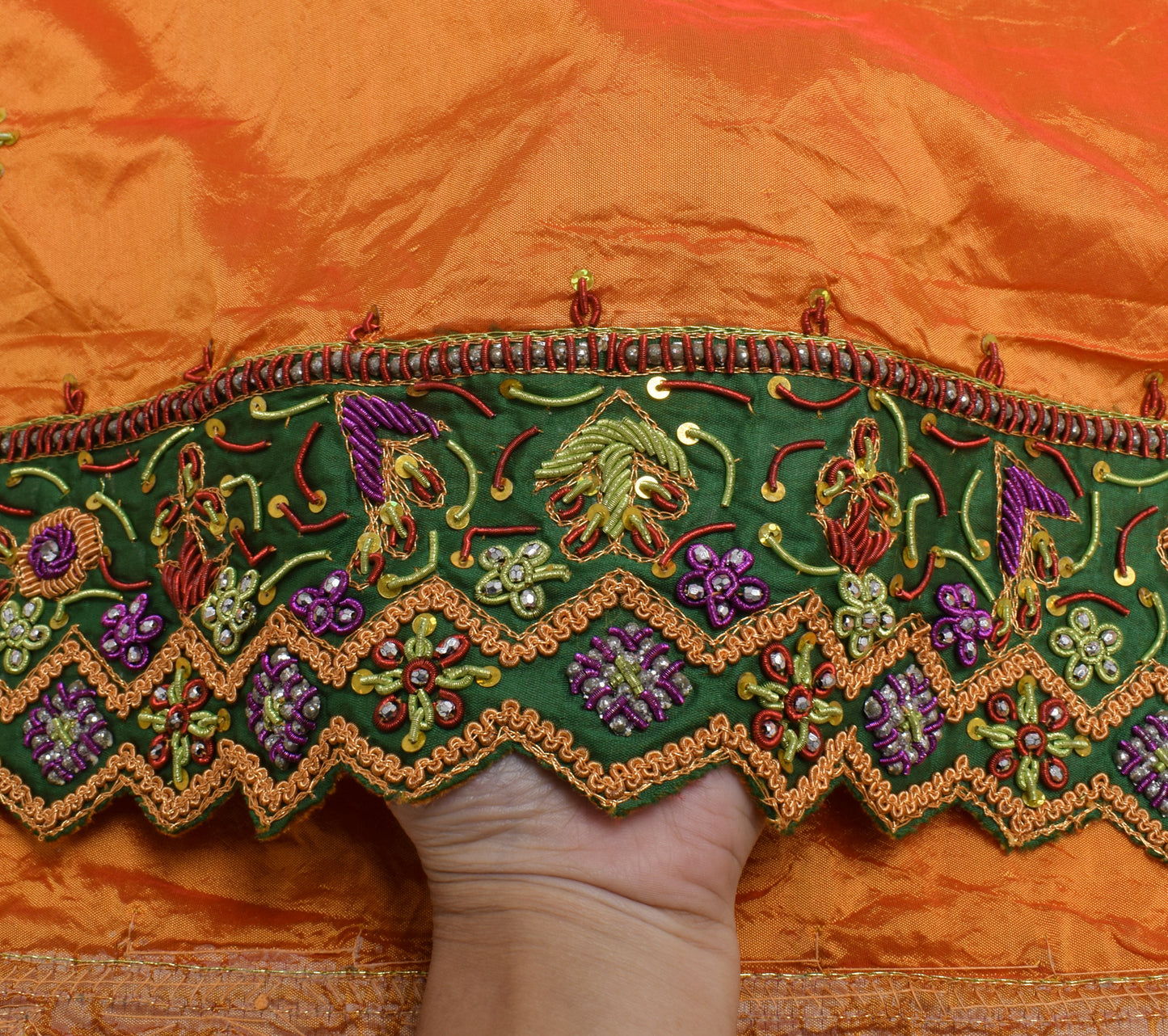 Sushila Vintage Orange Dupatta Blend Silk Hand Beaded Floral Long Stole Veil