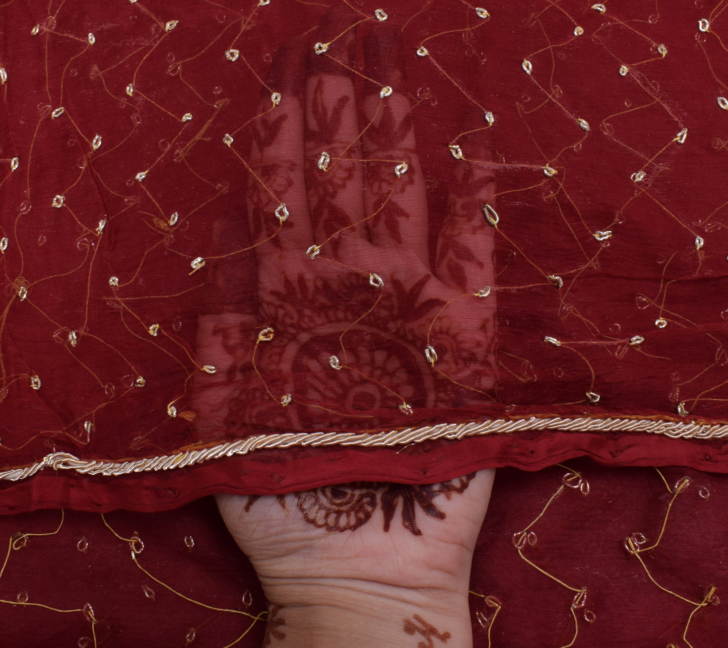 Sushila Vintage Maroon Dupatta Pure Chiffon Silk Hand Beaded Long Stole Hijab