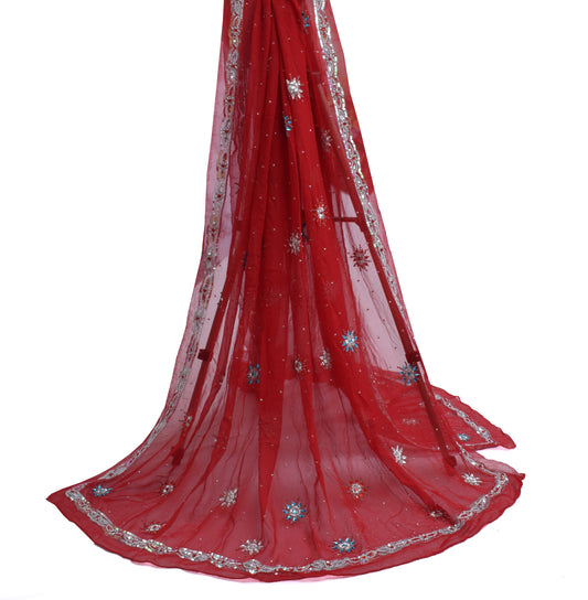 Sushila Vintage Red Dupatta Pure Georgette Silk Hand Beaded Long Stole Scarves