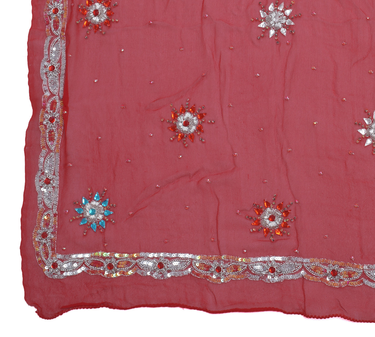 Sushila Vintage Red Dupatta Pure Georgette Silk Hand Beaded Long Stole Scarves