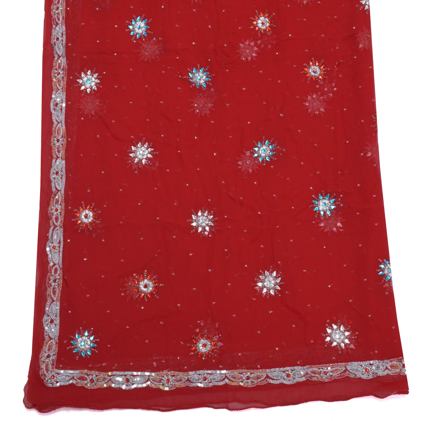 Sushila Vintage Red Dupatta Pure Georgette Silk Hand Beaded Long Stole Scarves