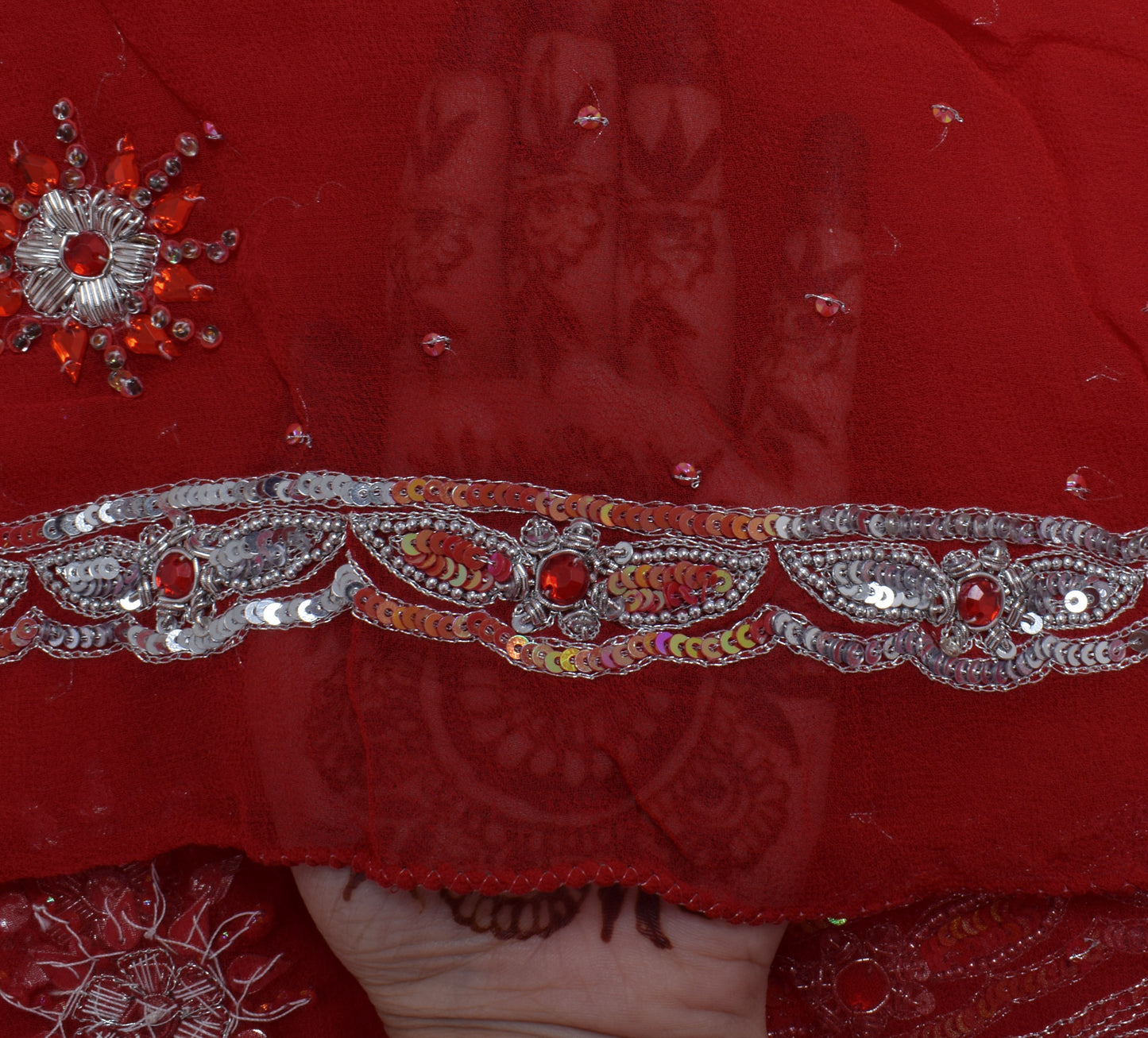 Sushila Vintage Red Dupatta Pure Georgette Silk Hand Beaded Long Stole Scarves