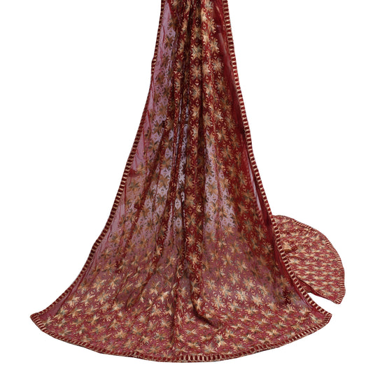 Sushila Vintage Maroon Dupatta Blend Chiffon Silk Phulakri Embroidered Long Veil