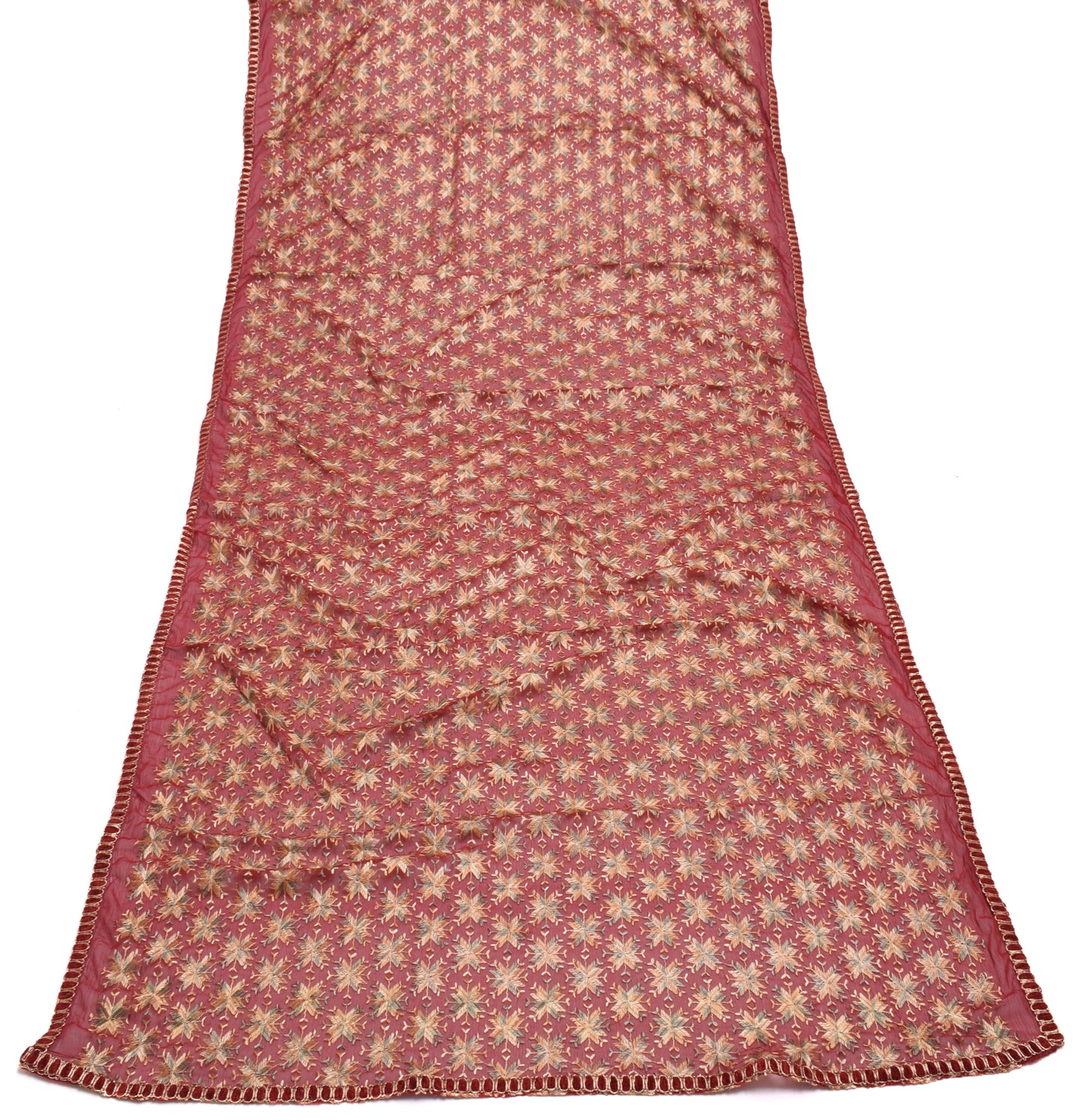 Sushila Vintage Maroon Dupatta Blend Chiffon Silk Phulakri Embroidered Long Veil