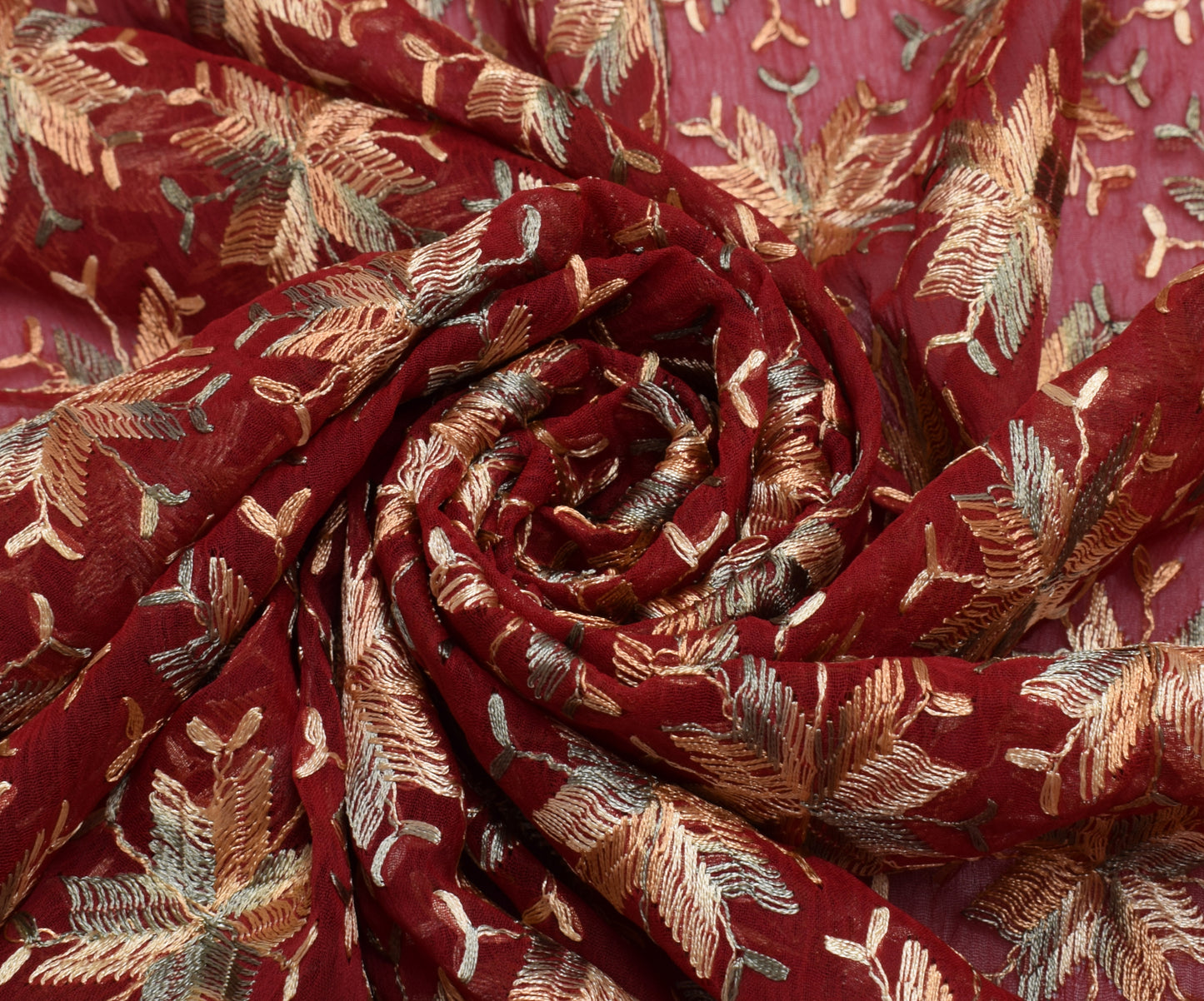 Sushila Vintage Maroon Dupatta Blend Chiffon Silk Phulakri Embroidered Long Veil