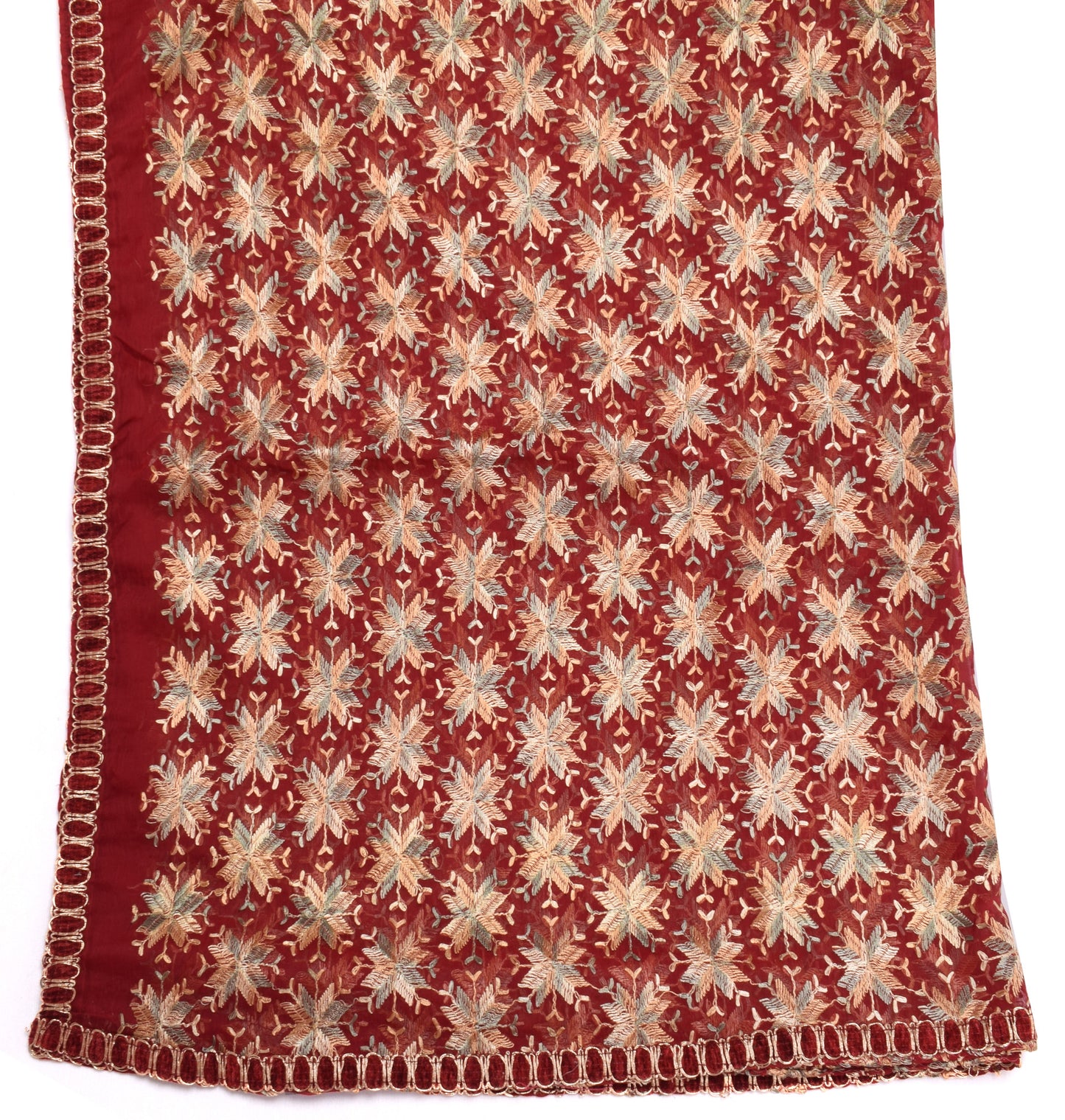Sushila Vintage Maroon Dupatta Blend Chiffon Silk Phulakri Embroidered Long Veil