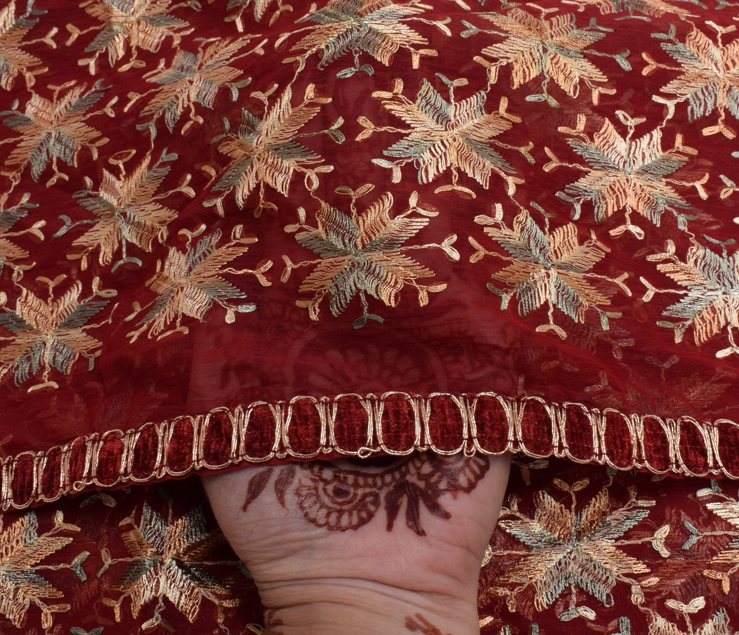 Sushila Vintage Maroon Dupatta Blend Chiffon Silk Phulakri Embroidered Long Veil