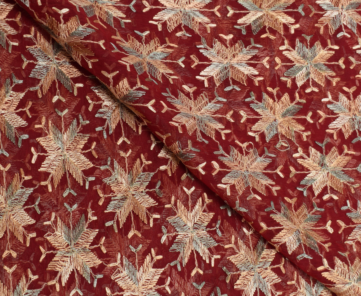 Sushila Vintage Maroon Dupatta Blend Chiffon Silk Phulakri Embroidered Long Veil