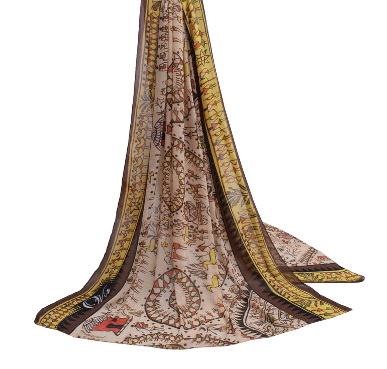 Sushila Vintage Indian Cream Dupatta Pure Georgette Silk Printed Long Stole