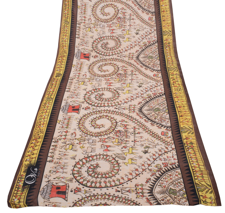 Sushila Vintage Indian Cream Dupatta Pure Georgette Silk Printed Long Stole