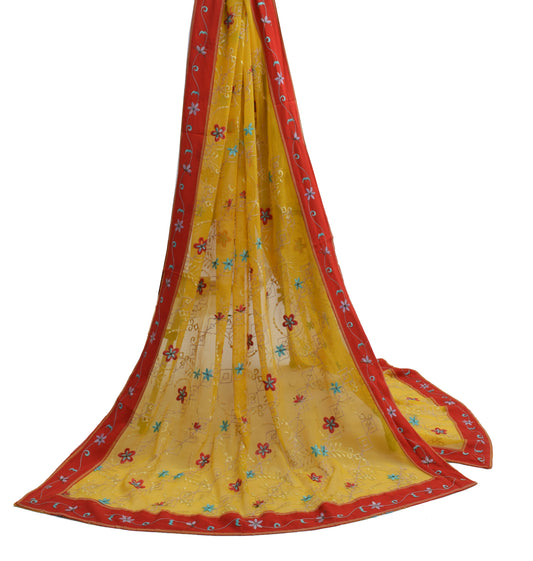 Sushila Vintage Yellow Dupatta Blend Georgette Silk Embroidered Long Stole Veil
