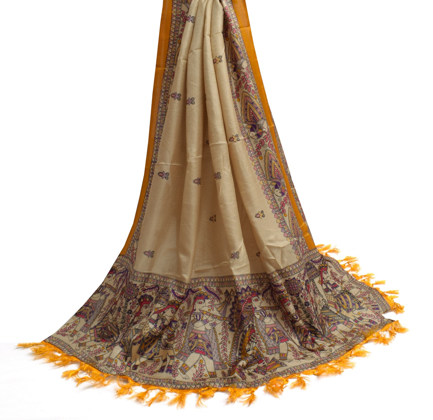 Sushila Vintage Light Brown Dupatta Blend Silk Madhubani Printed Long Stole Veil