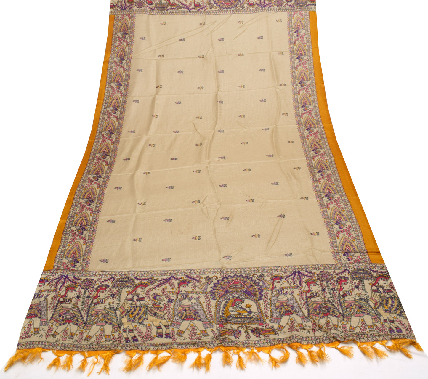 Sushila Vintage Light Brown Dupatta Blend Silk Madhubani Printed Long Stole Veil