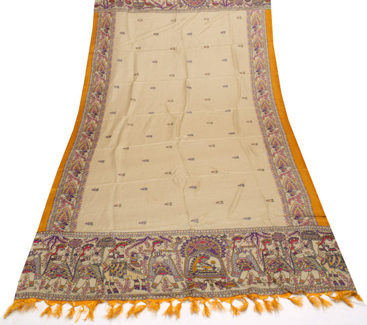 Sushila Vintage Light Brown Dupatta Blend Silk Madhubani Printed Long Stole Veil