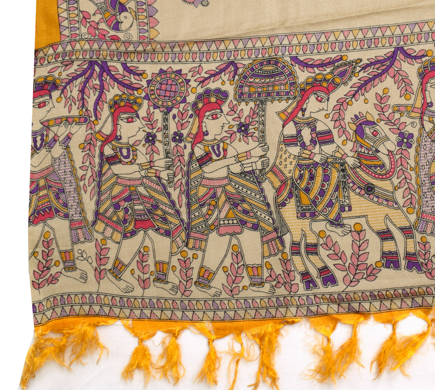 Sushila Vintage Light Brown Dupatta Blend Silk Madhubani Printed Long Stole Veil