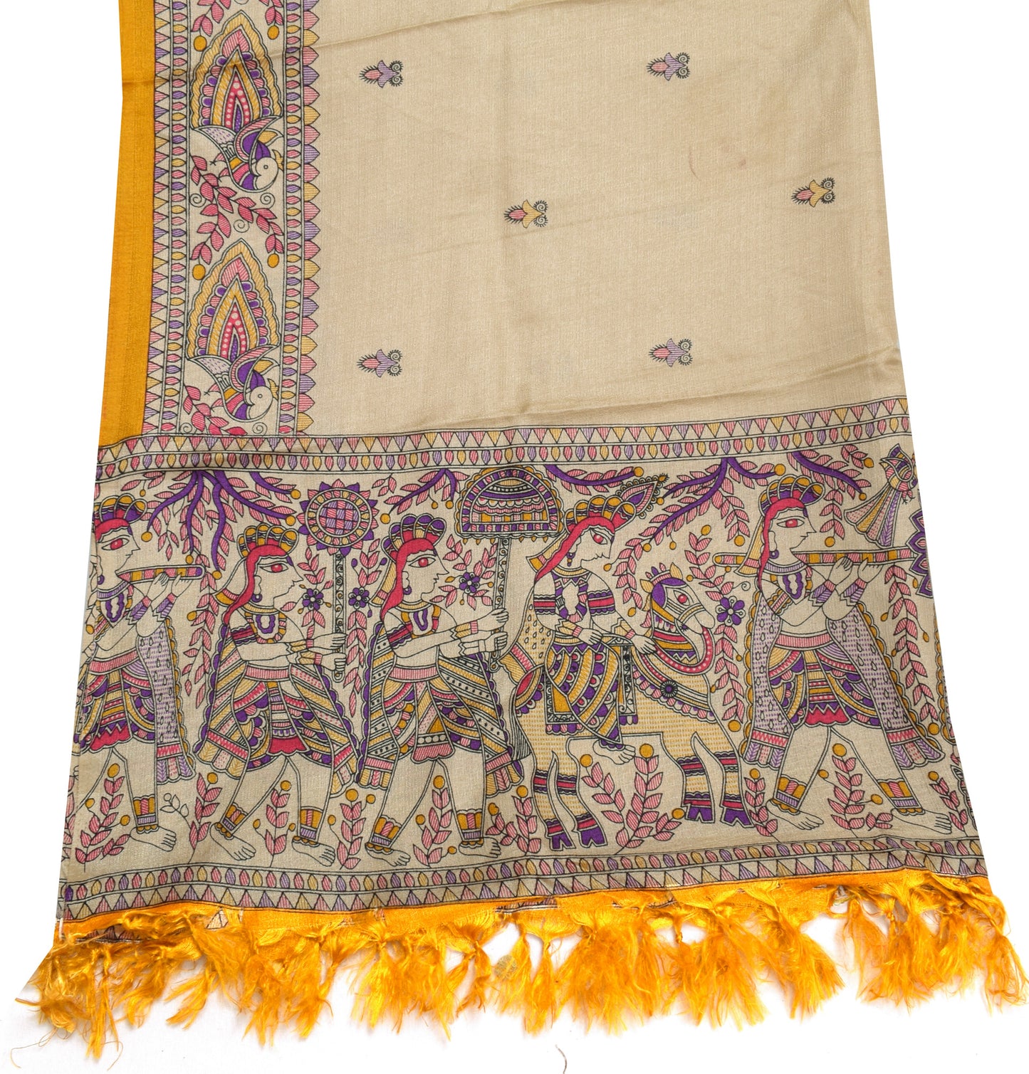 Sushila Vintage Light Brown Dupatta Blend Silk Madhubani Printed Long Stole Veil