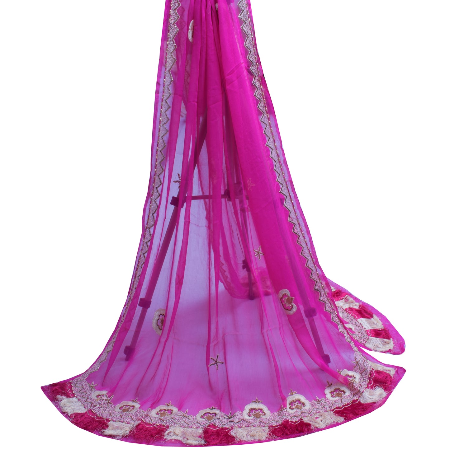 Sushila Vintage Indian Pink Dupatta Pure Chiffon Silk Hand Beaded Long Stole