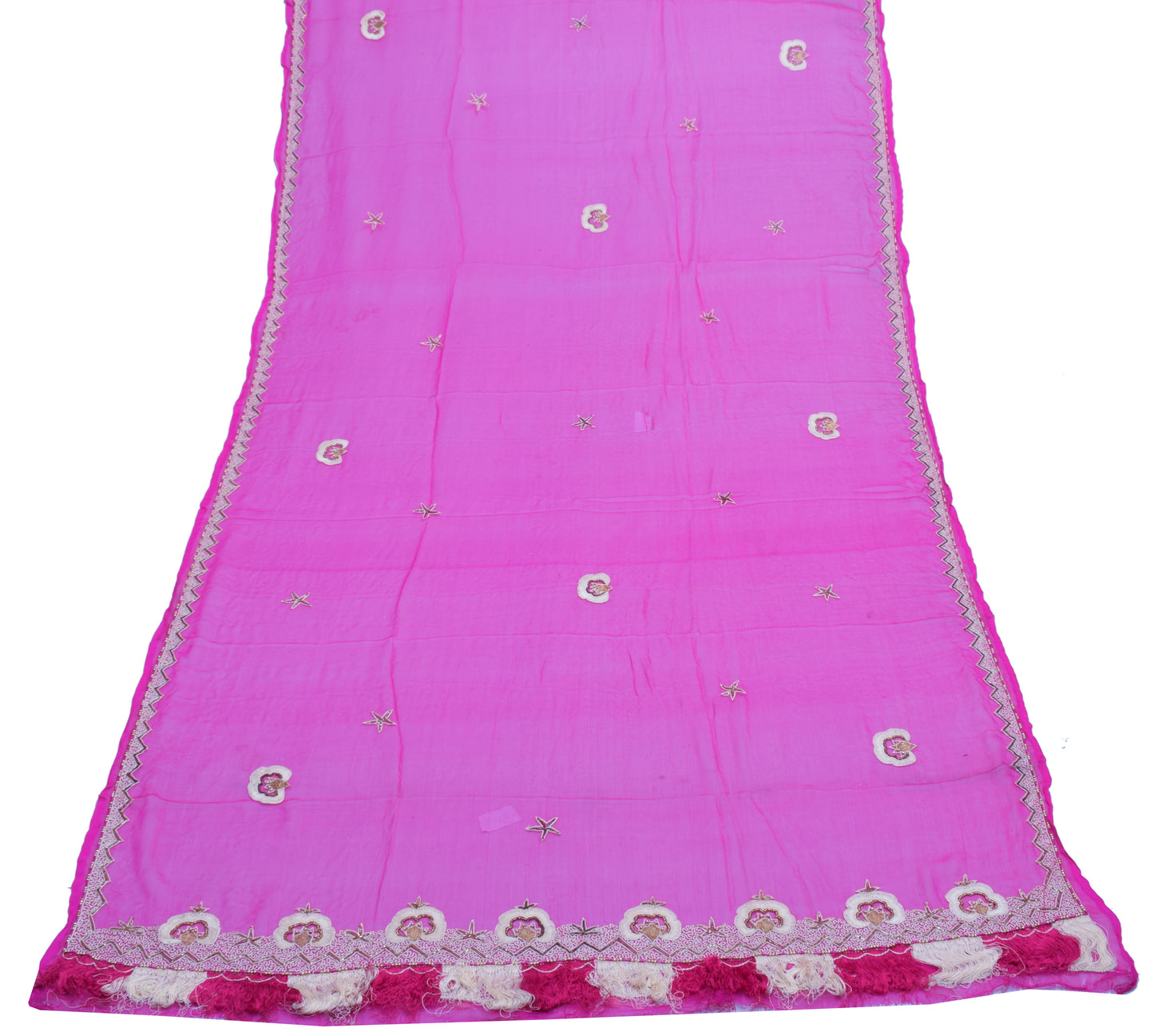 Sushila Vintage Indian Pink Dupatta Pure Chiffon Silk Hand Beaded Long Stole