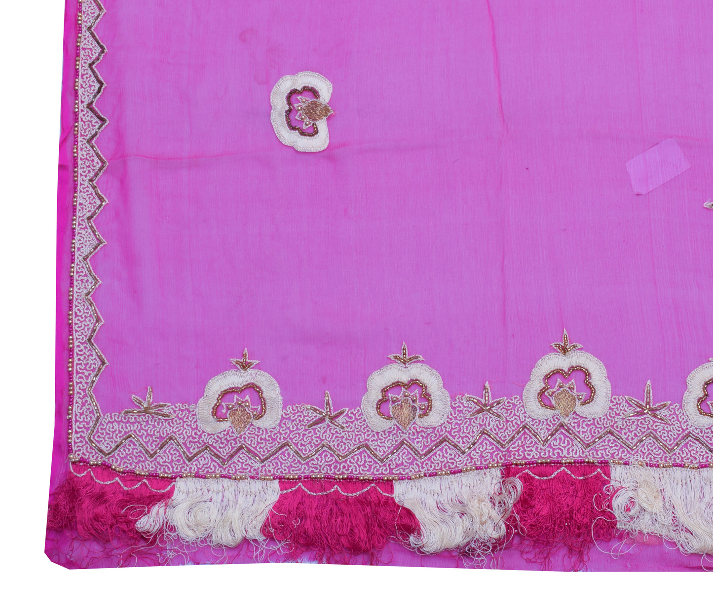 Sushila Vintage Indian Pink Dupatta Pure Chiffon Silk Hand Beaded Long Stole