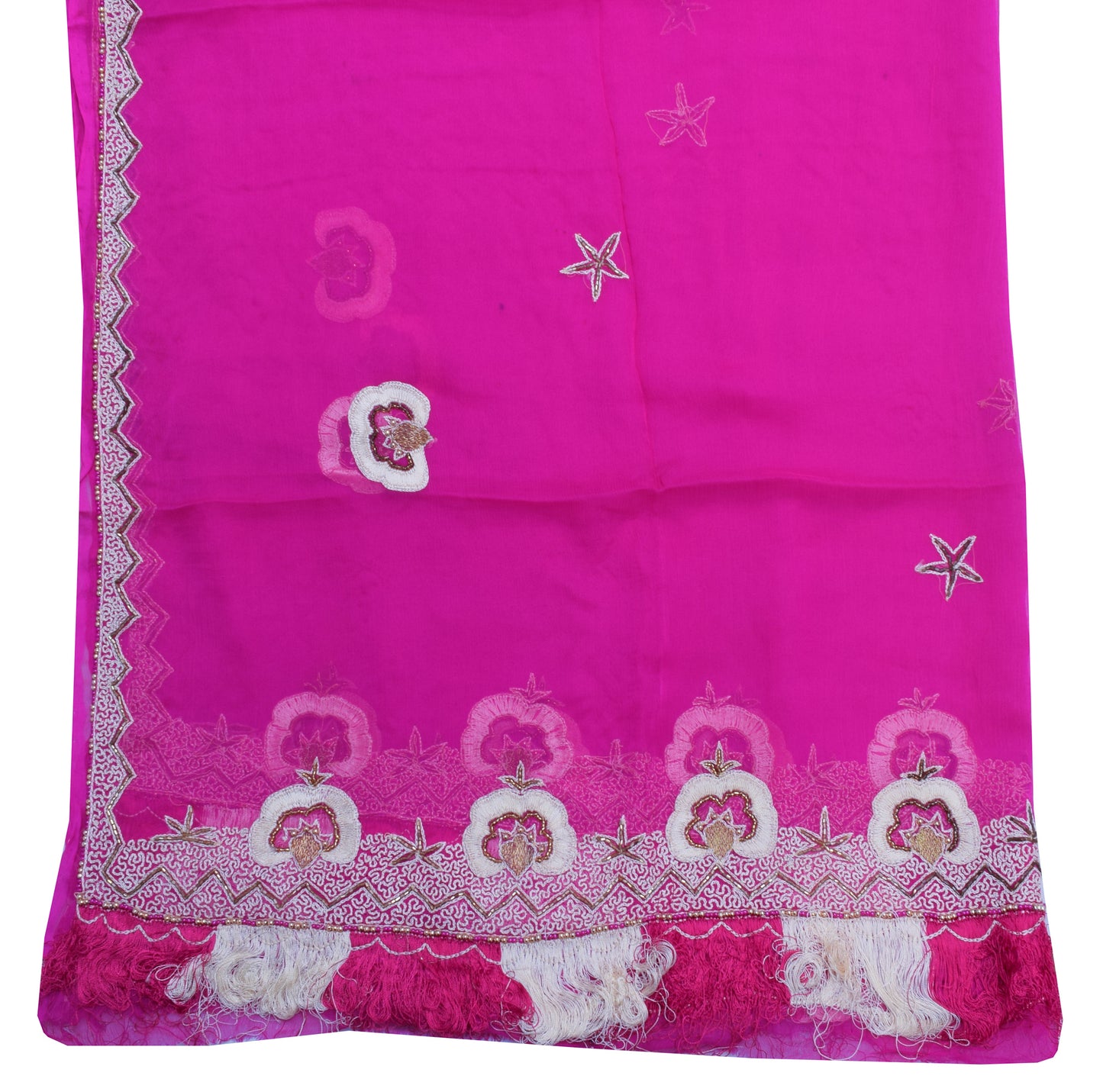 Sushila Vintage Indian Pink Dupatta Pure Chiffon Silk Hand Beaded Long Stole