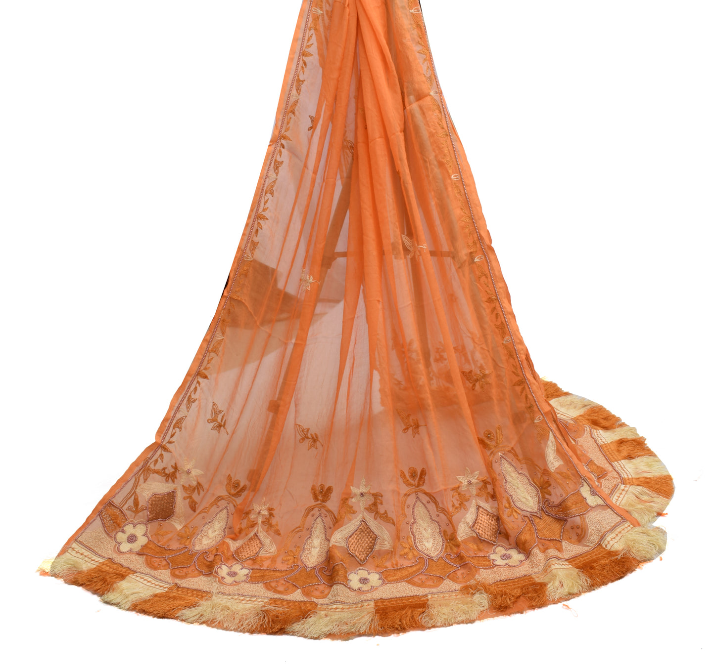 Sushila Vintage Orange Dupatta Pure Chiffon Silk Embroidered Long Stole Veil
