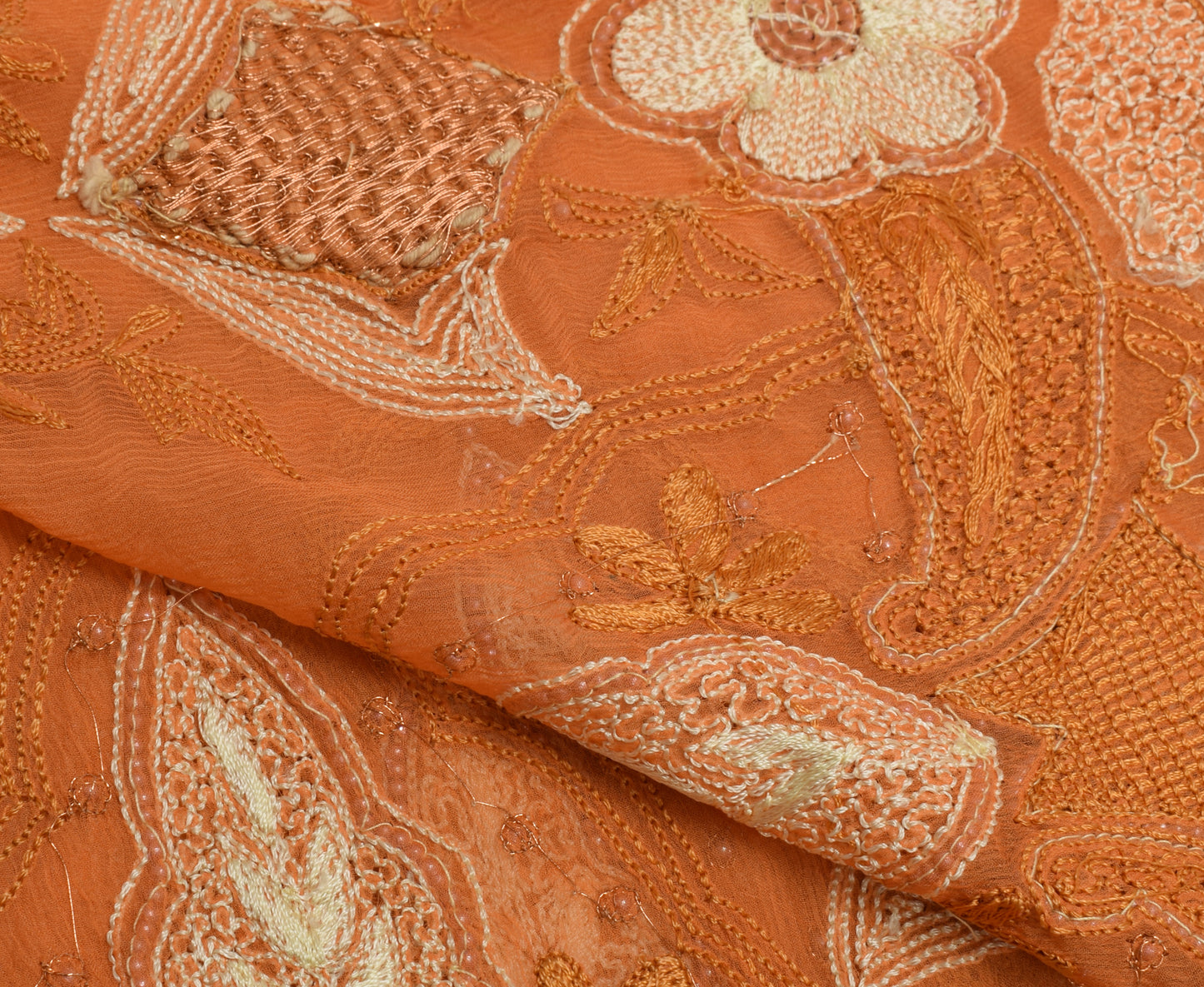 Sushila Vintage Orange Dupatta Pure Chiffon Silk Embroidered Long Stole Veil