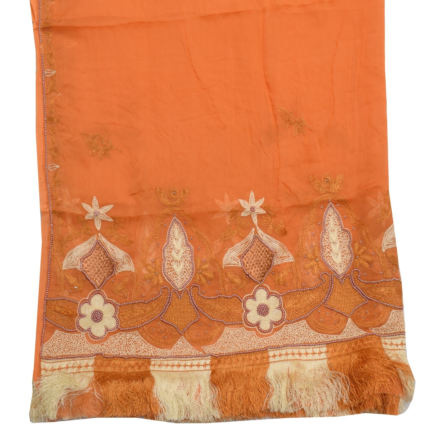 Sushila Vintage Orange Dupatta Pure Chiffon Silk Embroidered Long Stole Veil