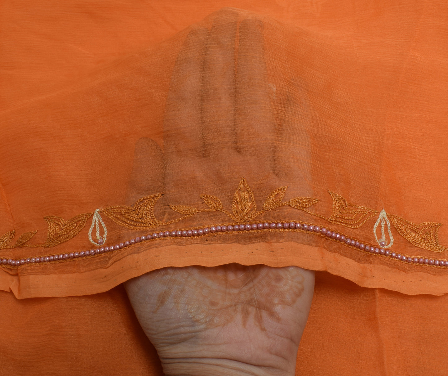 Sushila Vintage Orange Dupatta Pure Chiffon Silk Embroidered Long Stole Veil