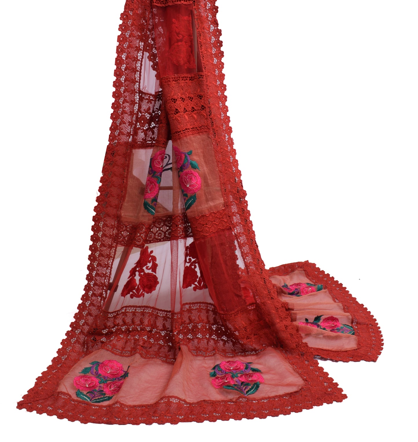 Sushila Vintage Indian Red Dupatta Net Mesh Embroidered Long Stole Scarves