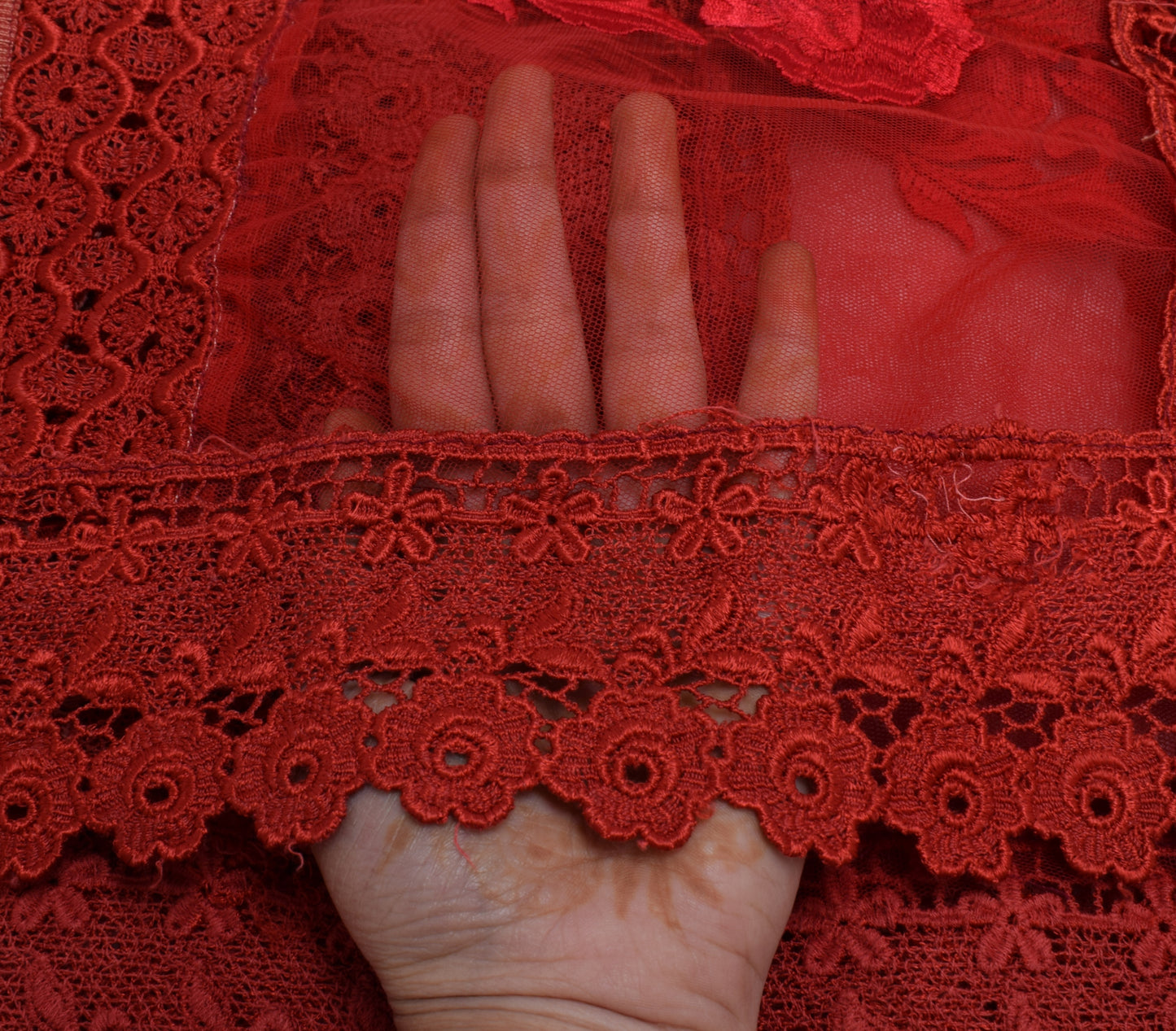Sushila Vintage Indian Red Dupatta Net Mesh Embroidered Long Stole Scarves