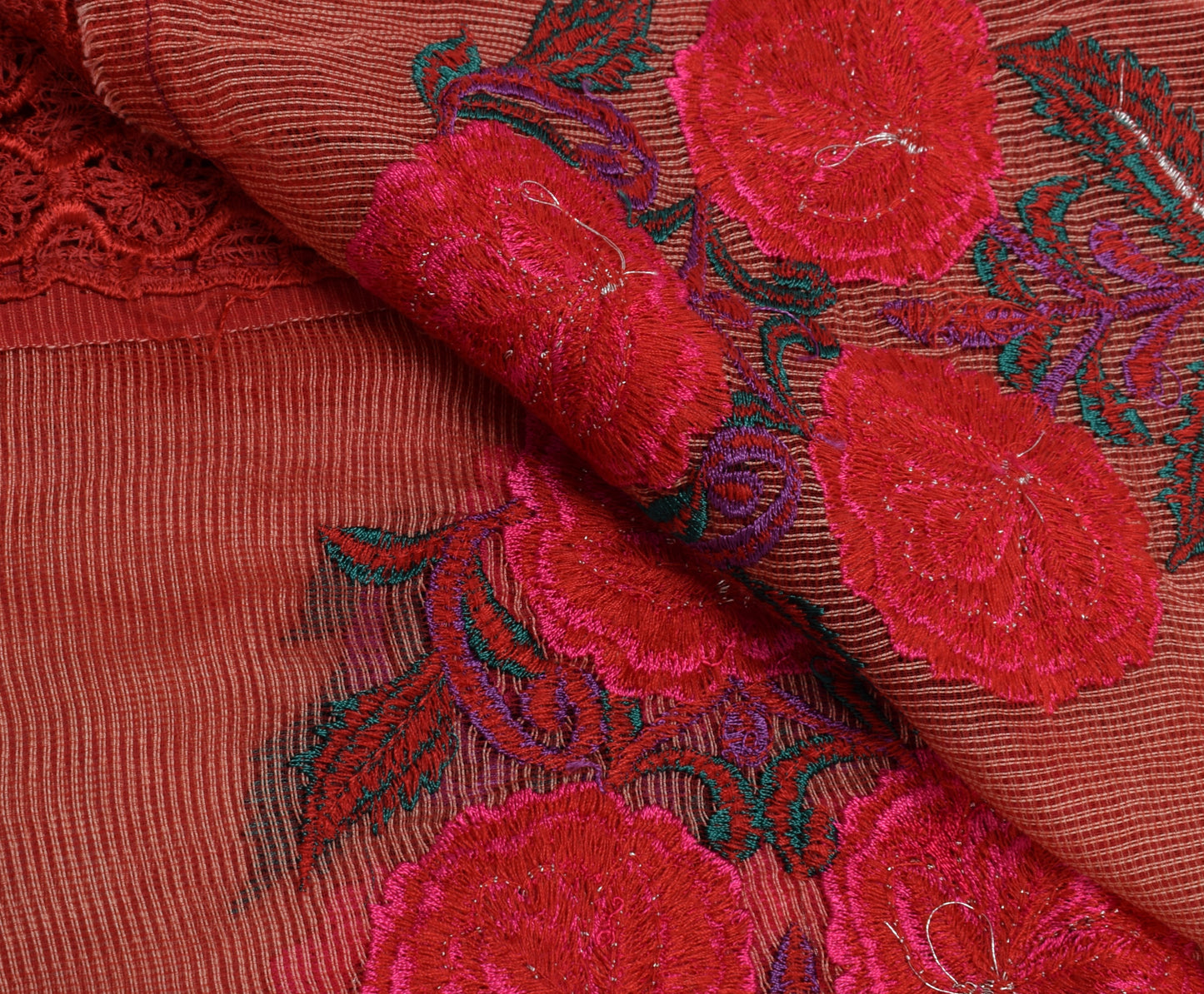 Sushila Vintage Indian Red Dupatta Net Mesh Embroidered Long Stole Scarves