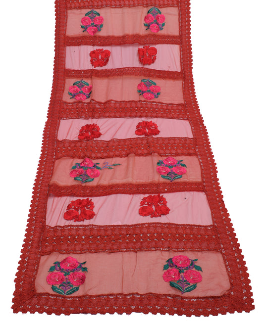 Sushila Vintage Indian Red Dupatta Net Mesh Embroidered Long Stole Scarves