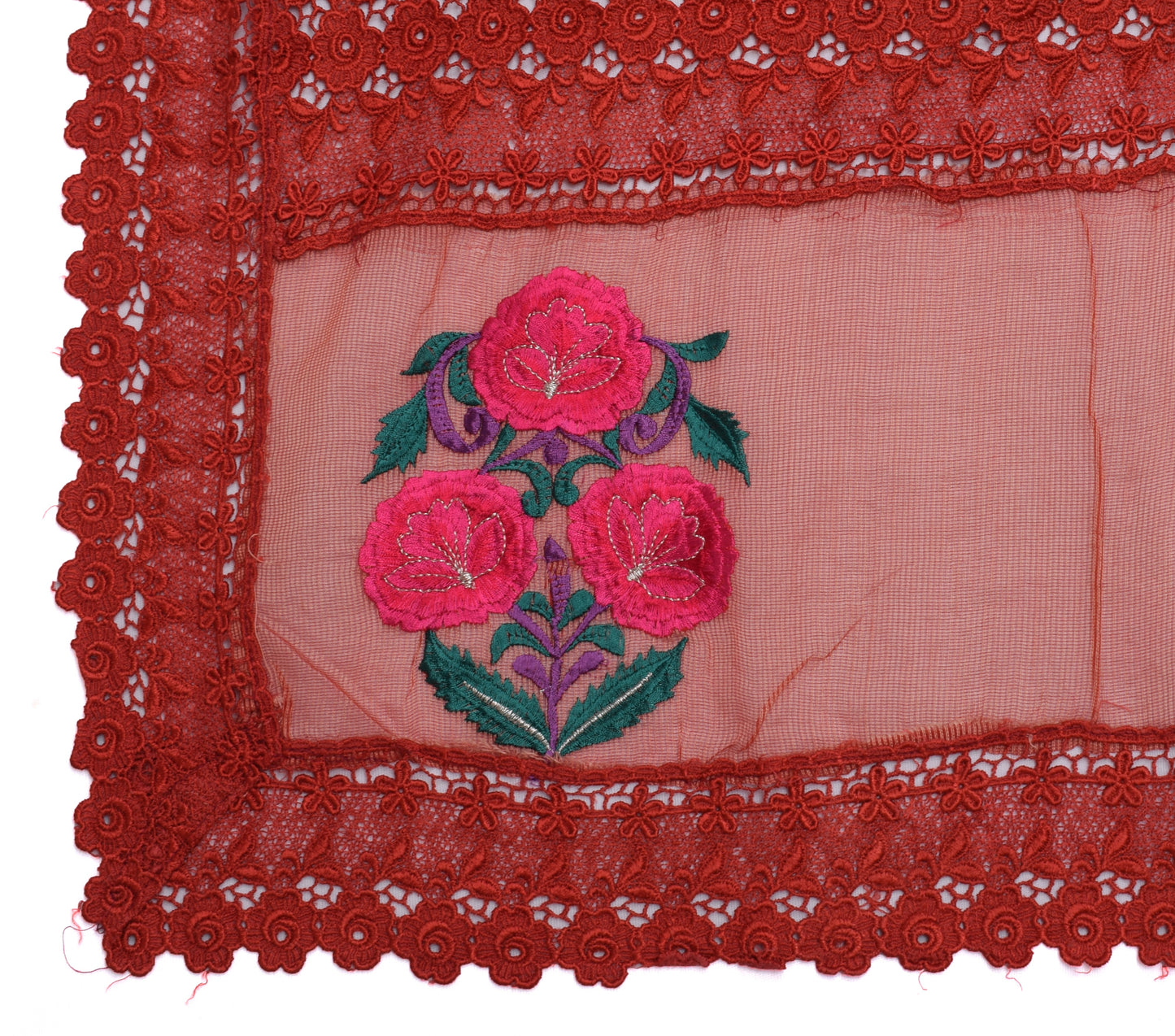 Sushila Vintage Indian Red Dupatta Net Mesh Embroidered Long Stole Scarves