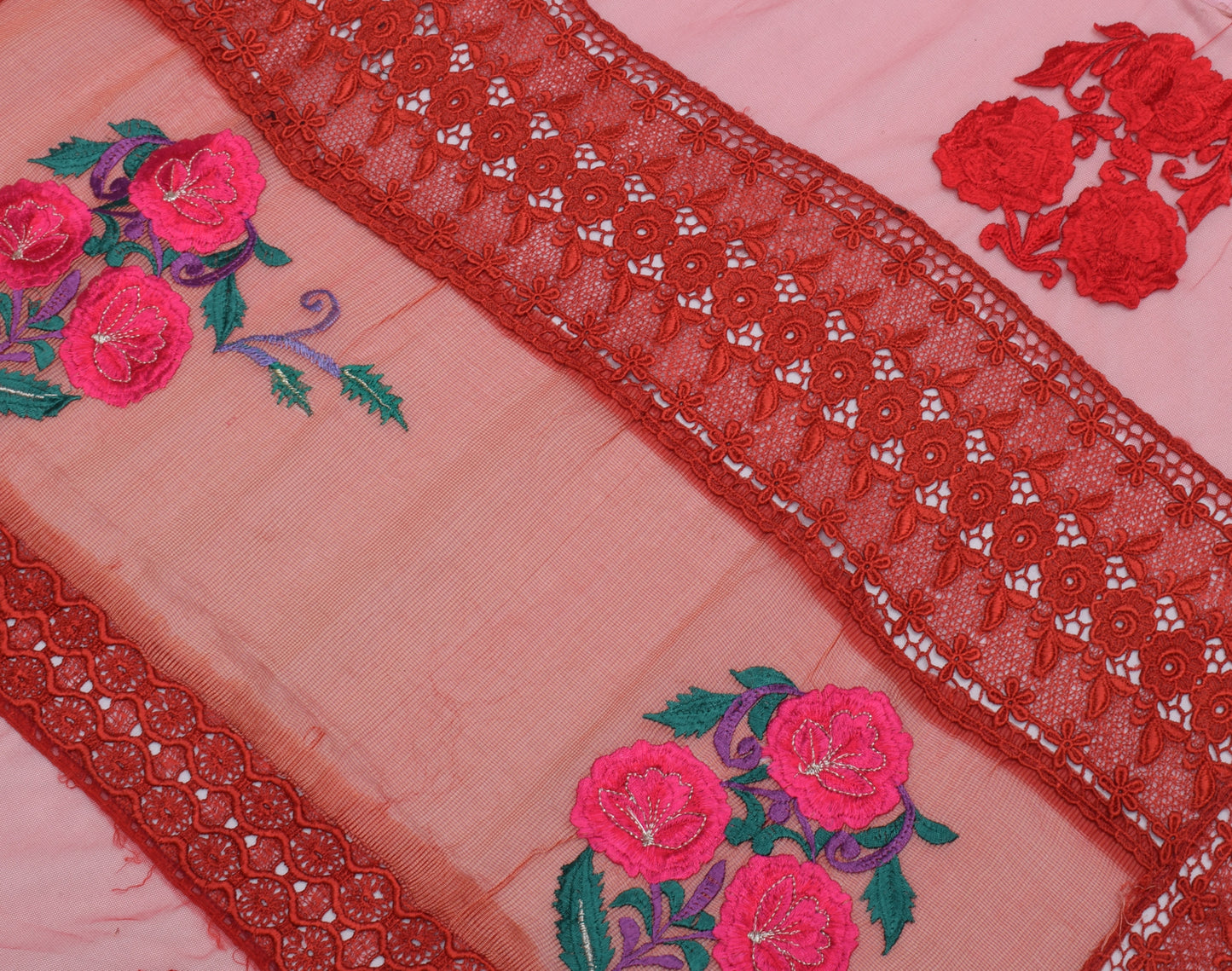 Sushila Vintage Indian Red Dupatta Net Mesh Embroidered Long Stole Scarves