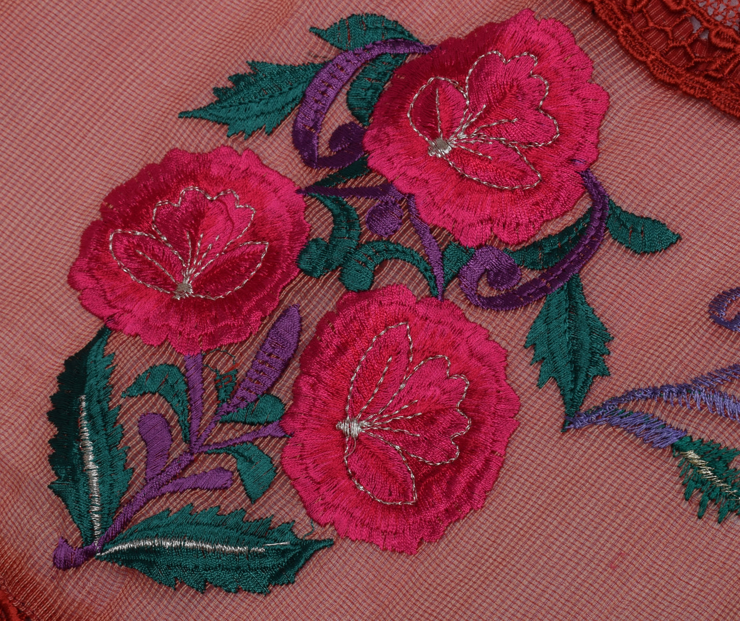 Sushila Vintage Indian Red Dupatta Net Mesh Embroidered Long Stole Scarves