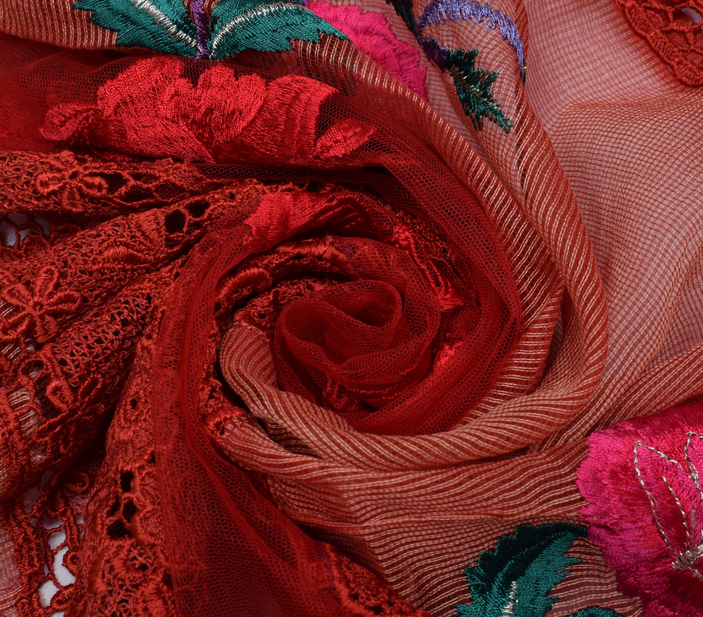 Sushila Vintage Indian Red Dupatta Net Mesh Embroidered Long Stole Scarves