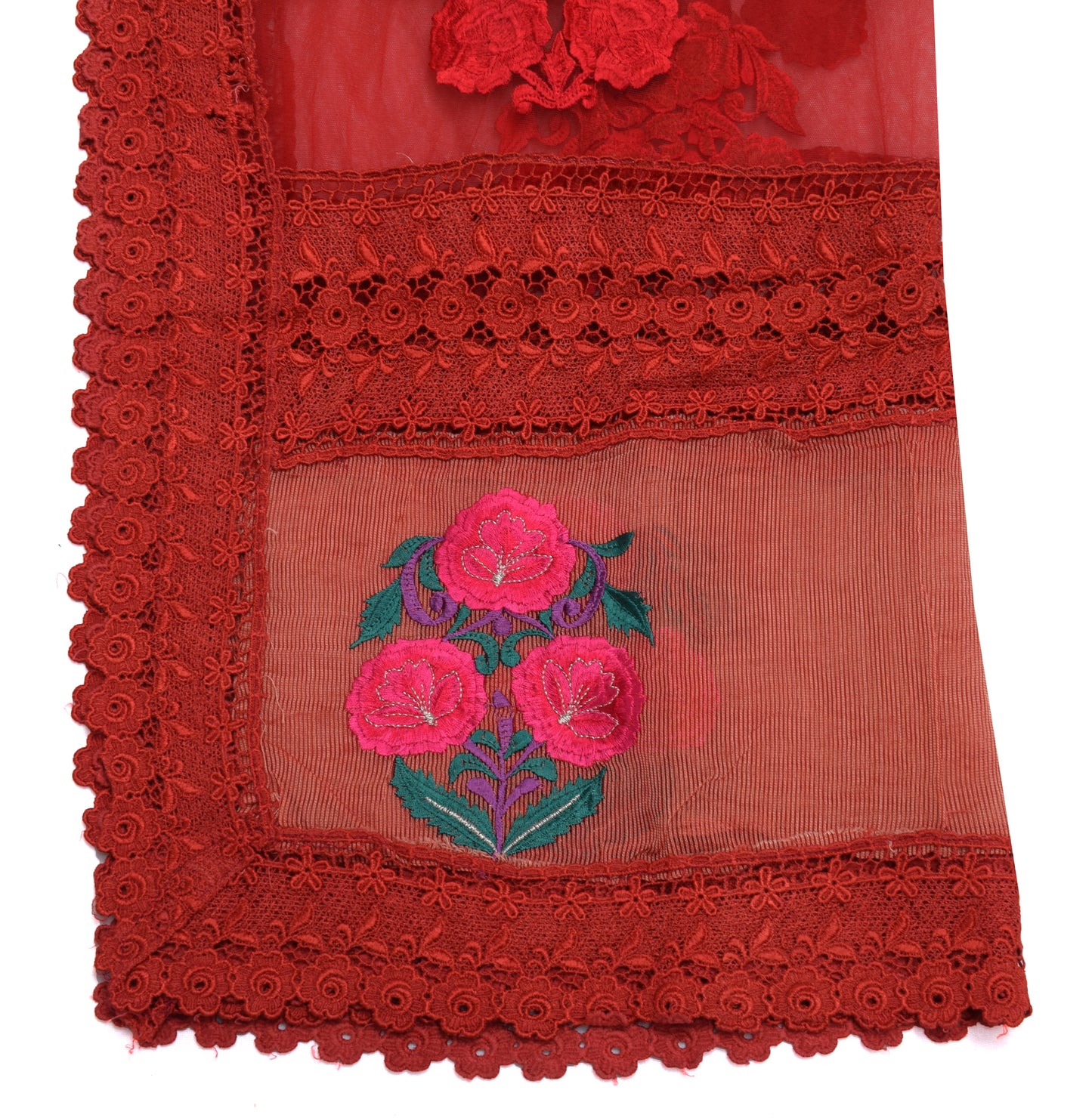 Sushila Vintage Indian Red Dupatta Net Mesh Embroidered Long Stole Scarves