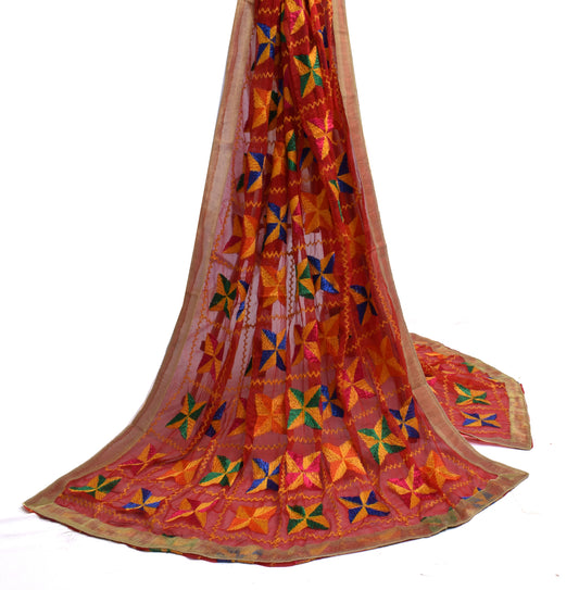 Sushila Vintage Red Dupatta Blend Chiffon Silk Phulkari Embroidered Long Stole