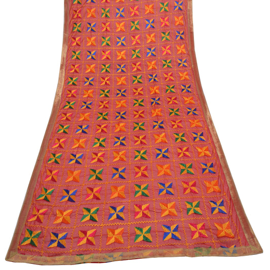 Sushila Vintage Red Dupatta Blend Chiffon Silk Phulkari Embroidered Long Stole