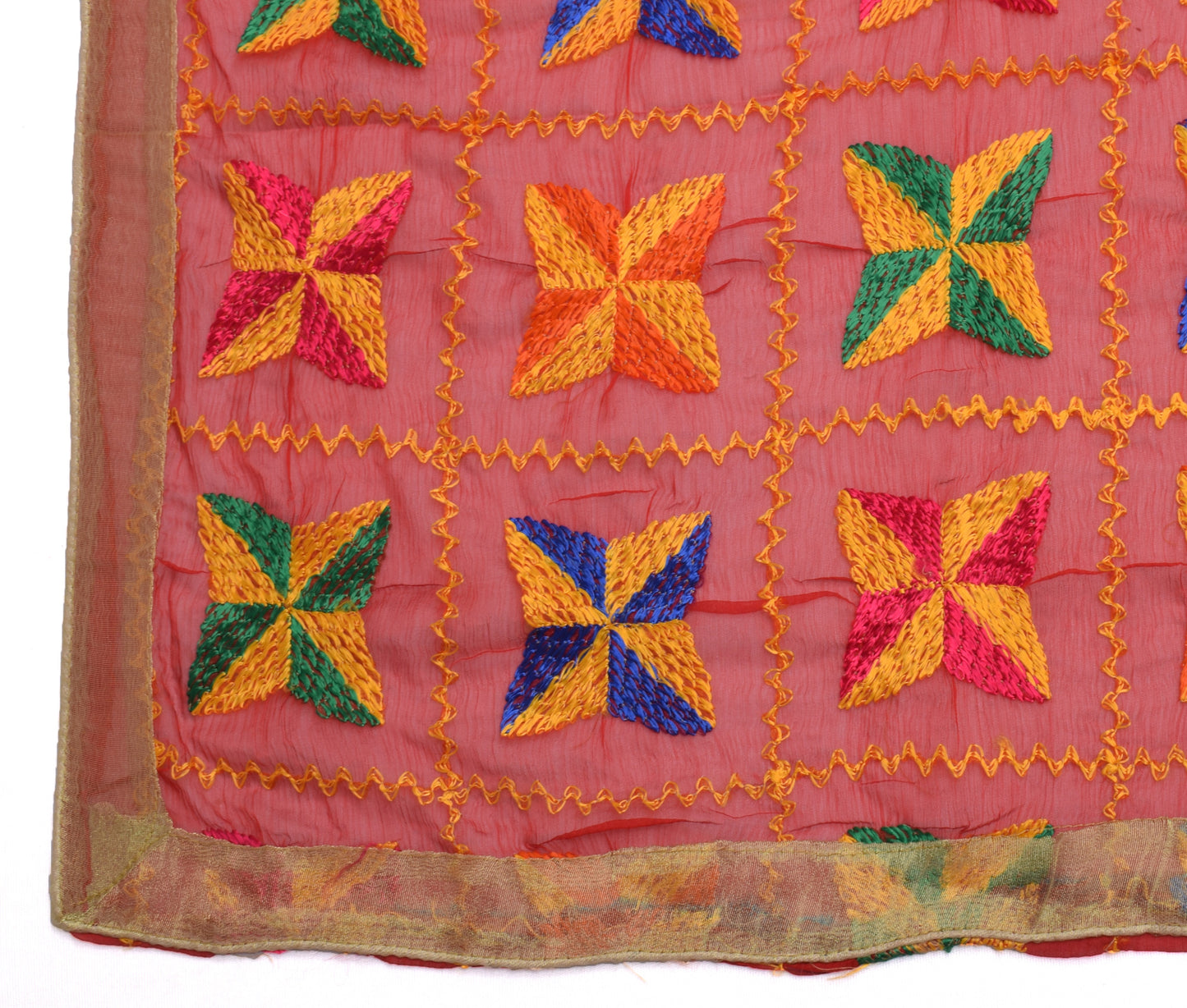 Sushila Vintage Red Dupatta Blend Chiffon Silk Phulkari Embroidered Long Stole